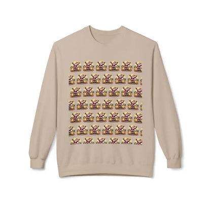 Beige sweatshirt featuring a pixelated Santa Claus pattern in a festive design