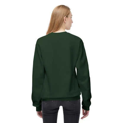 Woman wearing a dark green Santa With His Chicks Fleece Crewneck Sweatshirt