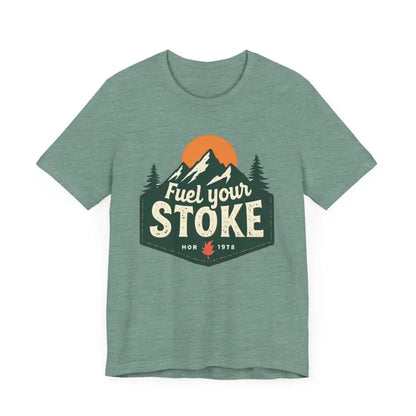 Green t-shirt featuring a mountain graphic from Seafoam Olive Salmon and Heather Green collection