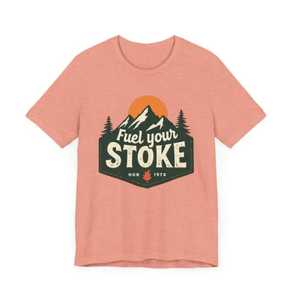 Salmon-colored unisex jersey tee featuring a mountain graphic design