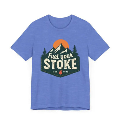 Blue t-shirt with mountain graphic featured in Seafoam Olive Salmon and Heather Green Unisex Jersey Tee