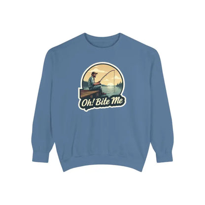 Blue sweatshirt featuring fishing graphic from Sitting on the Dock Bite Me collection