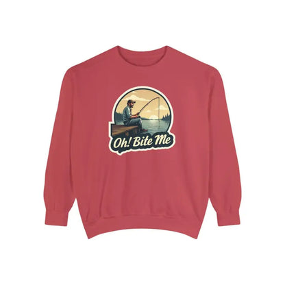 Red Sitting on the Dock Bite Me Unisex Garment Dyed Sweatshirt with fishing graphic