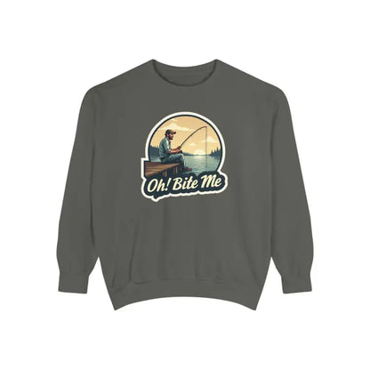 Gray sweatshirt featuring fishing graphic for the Sitting on the Dock Bite Me collection