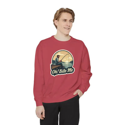 Red Sitting on the Dock Bite Me Unisex Garment Dyed Sweatshirt with fishing graphic