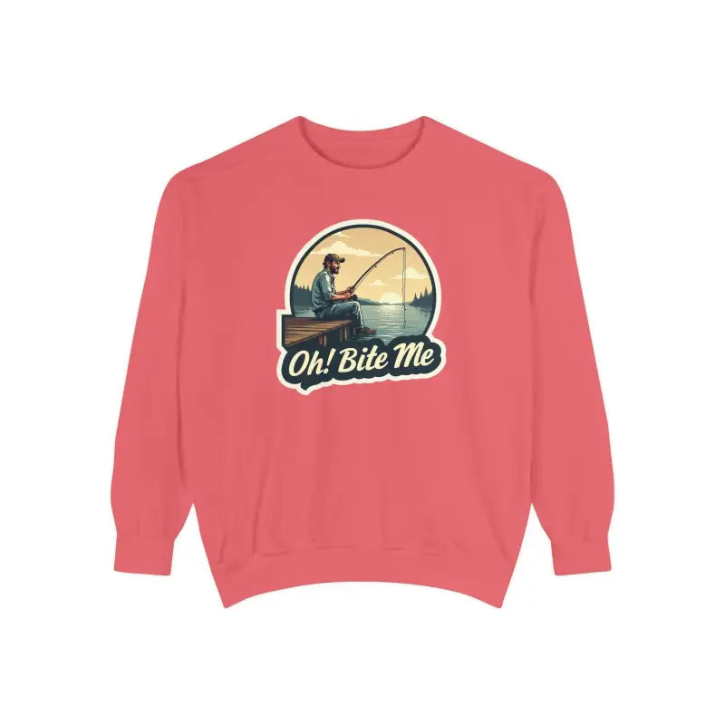 Salmon-colored sweatshirt featuring fishing graphic from Sitting on the Dock Bite Me collection