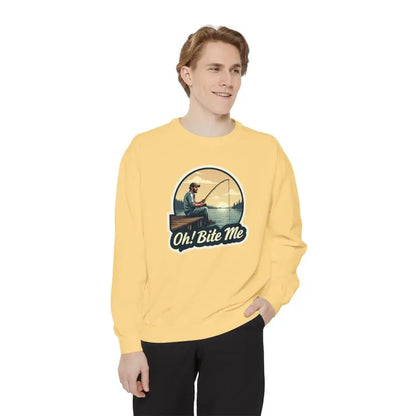 Yellow sweatshirt featuring fishing graphic from Sitting on the Dock Bite Me collection