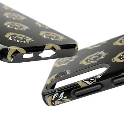 Black Tough Phone Case featuring Woman Face Design with gold and white logo pattern