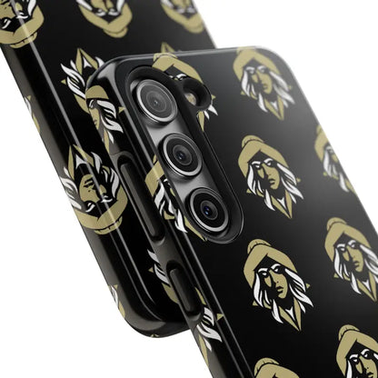 Black phone case featuring a repeating figure pattern from Skipper Lax design