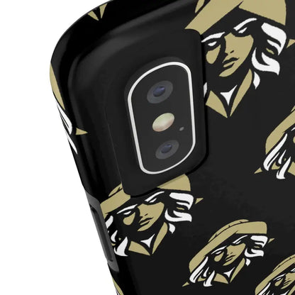 Black and gold patterned Skipper Lax Tough Phone Case featuring a woman’s face design