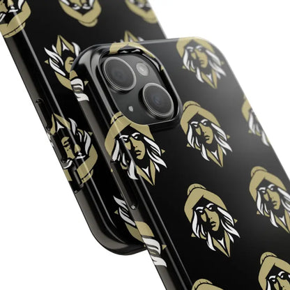Black phone case with gold and white design, featuring woman face in Skipper Lax style