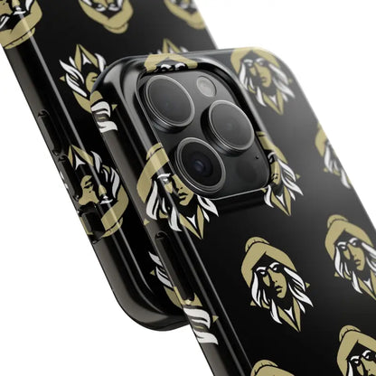 Black Tough Phone Case with gold and white woman face design pattern by Skipper Lax