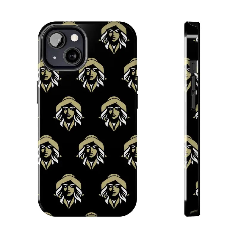 Phone case featuring a repeated woman’s face design by Skipper Lax in black tough style