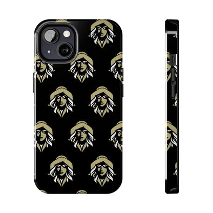 Phone case featuring a repeated woman’s face design by Skipper Lax in black tough style