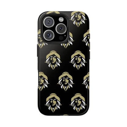 Black phone case featuring a repeating woman’s face pattern from Skipper Lax design