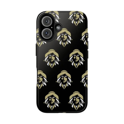 Black Tough Phone Case featuring a repeating woman’s face pattern by Skipper Lax