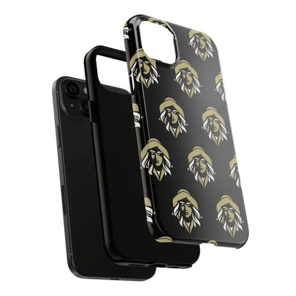 Black phone case with patterned design from Skipper Lax featuring woman’s face artwork