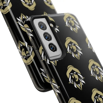 Black phone case featuring repeated woman face design, Skipper Lax Tough Phone Case