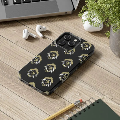Black phone case featuring repeated logo of Skipper Lax with woman face design