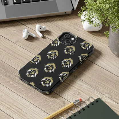 Black phone case featuring repeated logo from Skipper Lax with woman face design