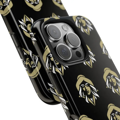Black Tough Phone Case featuring a repeated figure pattern of a woman’s face design