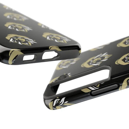 Black phone case featuring repeated logo from Skipper Lax with woman face design