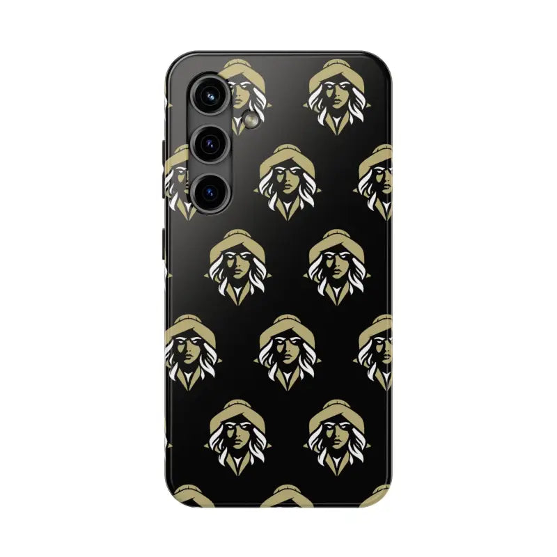 Black phone case featuring repeated woman’s face design by Skipper Lax