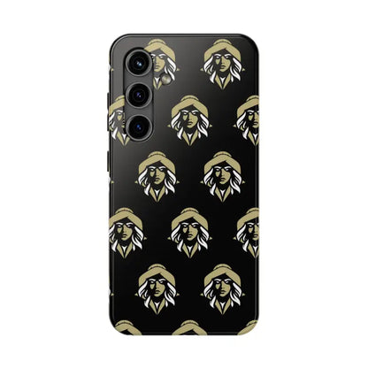 Black phone case featuring repeated woman’s face design by Skipper Lax