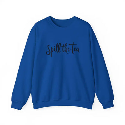 Blue Spill the Tea Sweatshirt showcasing stylish text for a cozy, casual look