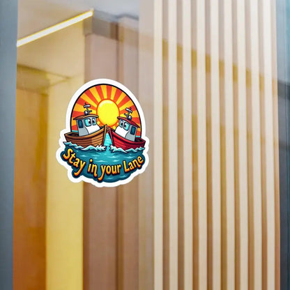 Stay In Your Lane sticker featuring two boats and a sun, ideal for boats and cars