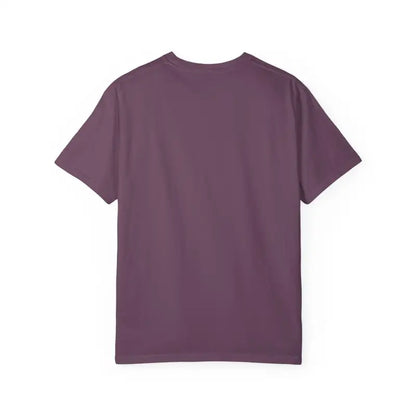 Purple short-sleeved Stay Out Of My Business T-shirt with cartoon graphics for unisex wear