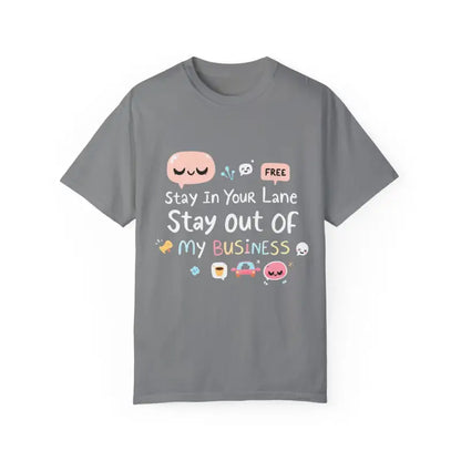 Gray t-shirt featuring cartoon graphics from Stay Out Of My Business collection