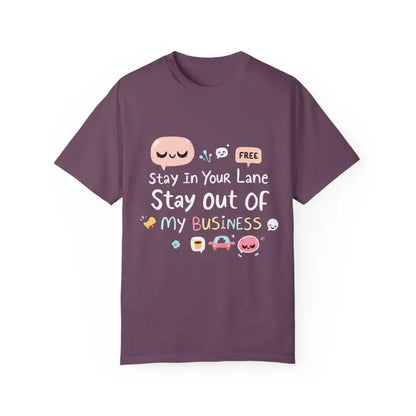 Purple t-shirt featuring cartoon graphics from Stay Out Of My Business collection