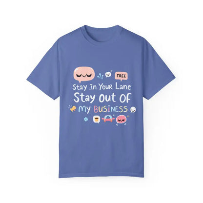 Blue t-shirt with cartoon graphics from Stay Out Of My Business unisex collection