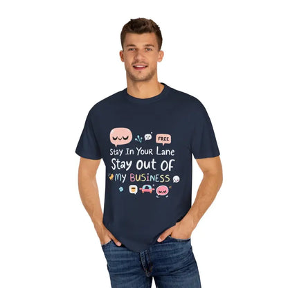 Navy t-shirt featuring cartoon graphic design from Stay Out Of My Business collection