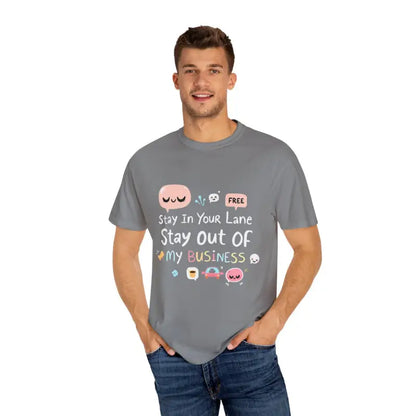 Gray graphic tee featuring Stay Out Of My Business design with cartoon graphics