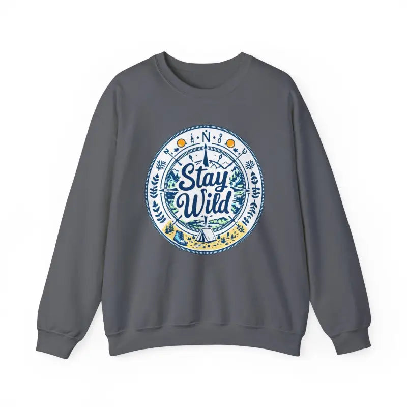 Gray sweatshirt featuring Stay Wild design for outdoor enthusiasts and nature lovers
