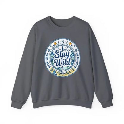 Gray sweatshirt featuring Stay Wild design for outdoor enthusiasts and nature lovers