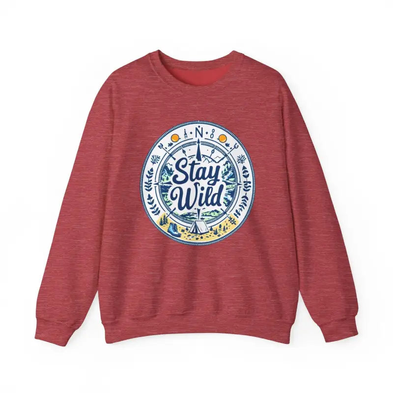 Red sweatshirt featuring Stay Wild design, perfect for outdoor enthusiasts and nature lovers