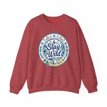 Red sweatshirt featuring Stay Wild design, perfect for outdoor enthusiasts and nature lovers