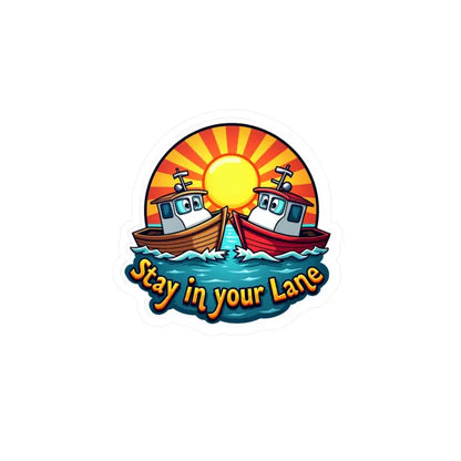 Cartoon boats with sun and Stay in your Lane text on Stay Your Lane Tugboat Decal