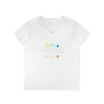 White V-neck t-shirt from STEM Charm, featuring a science-inspired design for women