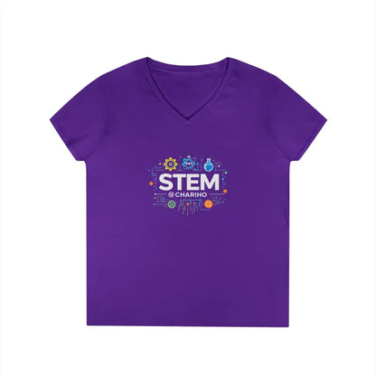 Purple v-neck t-shirt from STEM Charm Ladies’ collection featuring science-inspired design
