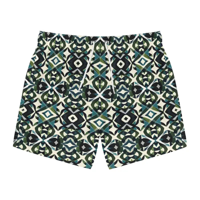 Patterned men’s swim trunks with green and black geometric design for summer activities