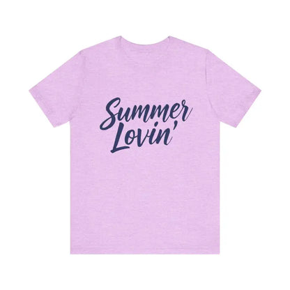 Lavender unisex jersey tee featuring Summer Lovin text in Beige Peach Aqua design