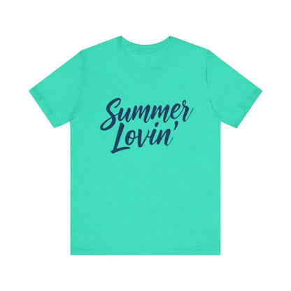 Aqua Summer Lovin unisex jersey tee displayed in Beige Peach Aqua color