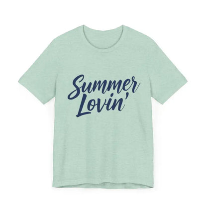 Light green Summer Lovin Unisex Jersey Tee in Beige Peach Aqua displayed on a hanger