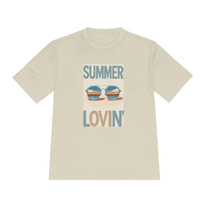 Beige Summer Lovin Unisex Moisture Wicking Tee featuring summer-themed graphic design