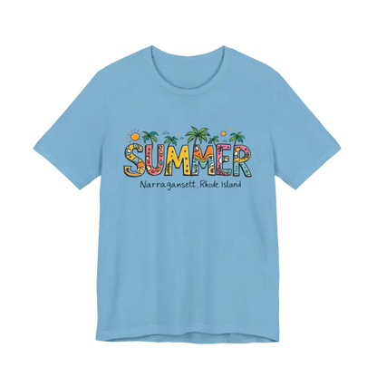 Light blue t-shirt featuring Summer Narragansett Rhode Island design from collection
