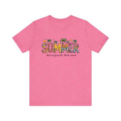 Pink t-shirt featuring Summer Narragansett Rhode Island design from the collection
